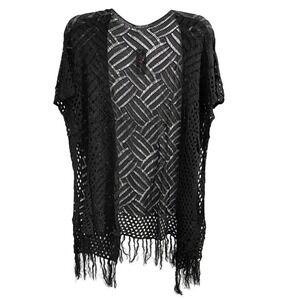 HOTOUCH Black Crochet Knit Fringe Kimono Cardigan Cover Up Womens M